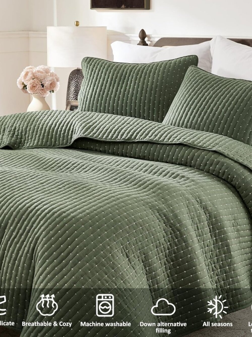 Olive Green Cross Stitch Queen Size Quilt Set, Striped Lightweight Soft Bedsprea - Picture 4 of 9